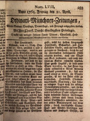 Ordinari-Münchner-Zeitungen (Süddeutsche Presse) Freitag 12. April 1765
