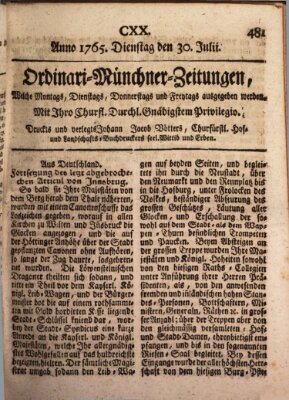 Ordinari-Münchner-Zeitungen (Süddeutsche Presse) Dienstag 30. Juli 1765
