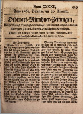 Ordinari-Münchner-Zeitungen (Süddeutsche Presse) Dienstag 20. August 1765