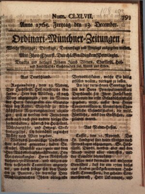 Ordinari-Münchner-Zeitungen (Süddeutsche Presse) Freitag 13. Dezember 1765