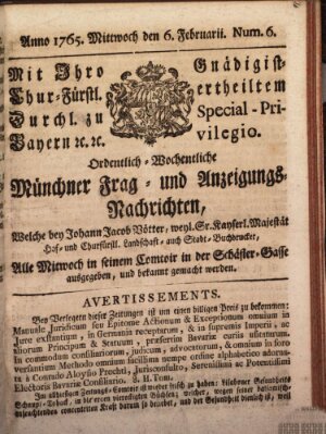 Ordinari-Münchner-Zeitungen (Süddeutsche Presse) Mittwoch 6. Februar 1765