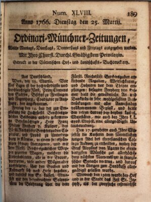 Ordinari-Münchner-Zeitungen (Süddeutsche Presse) Dienstag 25. März 1766