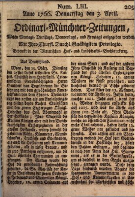 Ordinari-Münchner-Zeitungen (Süddeutsche Presse) Donnerstag 3. April 1766