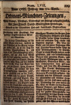 Ordinari-Münchner-Zeitungen (Süddeutsche Presse) Freitag 11. April 1766