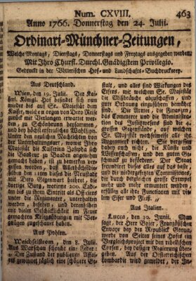Ordinari-Münchner-Zeitungen (Süddeutsche Presse) Donnerstag 24. Juli 1766