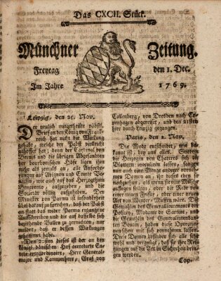 Münchner Zeitung (Süddeutsche Presse) Freitag 1. Dezember 1769
