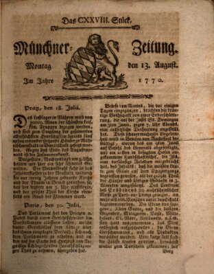 Münchner Zeitung (Süddeutsche Presse) Montag 13. August 1770