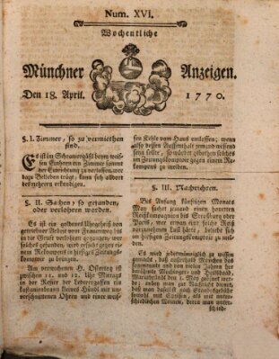 Münchner Zeitung (Süddeutsche Presse) Mittwoch 18. April 1770