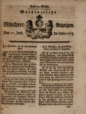Münchner Zeitung (Süddeutsche Presse) Mittwoch 21. Juli 1773