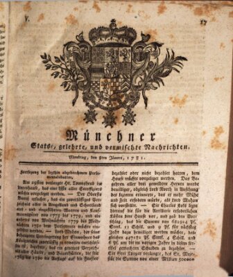 Münchner staats-, gelehrte, und vermischte Nachrichten (Süddeutsche Presse) Montag 8. Januar 1781