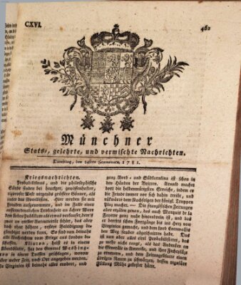 Münchner staats-, gelehrte, und vermischte Nachrichten (Süddeutsche Presse) Dienstag 24. Juli 1781