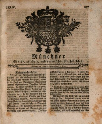 Münchner staats-, gelehrte, und vermischte Nachrichten (Süddeutsche Presse) Freitag 13. September 1782