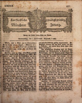 Kurfürstlich gnädigst privilegirte Münchner-Zeitung (Süddeutsche Presse) Donnerstag 6. September 1787