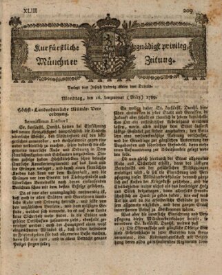 Kurfürstlich gnädigst privilegirte Münchner-Zeitung (Süddeutsche Presse) Montag 16. März 1789