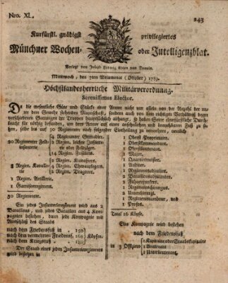 Kurfürstlich gnädigst privilegirte Münchner-Zeitung (Süddeutsche Presse) Mittwoch 7. Oktober 1789