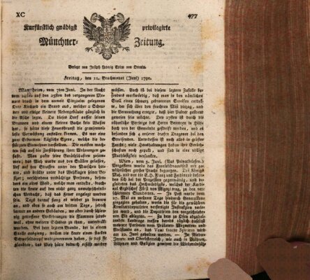 Kurfürstlich gnädigst privilegirte Münchner-Zeitung (Süddeutsche Presse) Freitag 11. Juni 1790