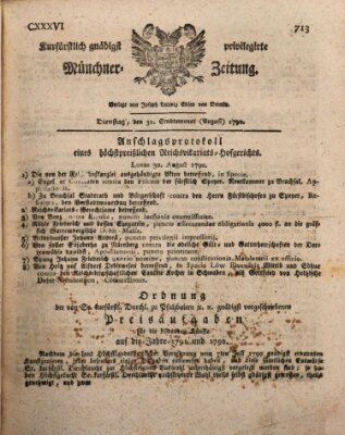 Kurfürstlich gnädigst privilegirte Münchner-Zeitung (Süddeutsche Presse) Dienstag 31. August 1790