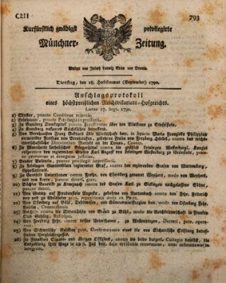 Kurfürstlich gnädigst privilegirte Münchner-Zeitung (Süddeutsche Presse) Dienstag 28. September 1790