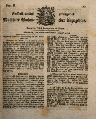Kurfürstlich gnädigst privilegirte Münchner-Zeitung (Süddeutsche Presse) Mittwoch 12. Januar 1791