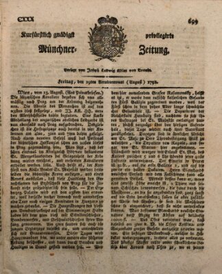 Kurfürstlich gnädigst privilegirte Münchner-Zeitung (Süddeutsche Presse) Freitag 19. August 1791
