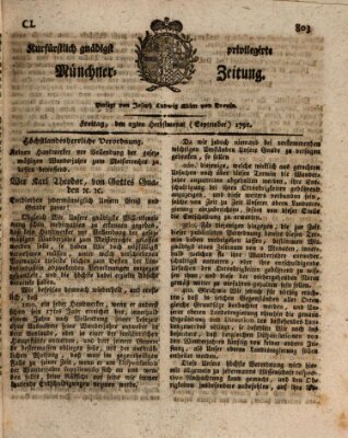 Kurfürstlich gnädigst privilegirte Münchner-Zeitung (Süddeutsche Presse) Freitag 23. September 1791