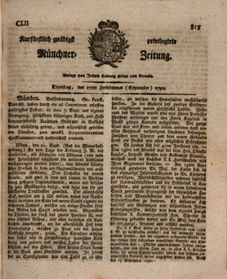 Kurfürstlich gnädigst privilegirte Münchner-Zeitung (Süddeutsche Presse) Dienstag 27. September 1791