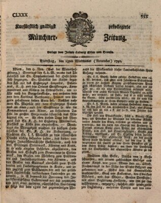 Kurfürstlich gnädigst privilegirte Münchner-Zeitung (Süddeutsche Presse) Dienstag 15. November 1791