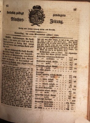 Kurfürstlich gnädigst privilegirte Münchner-Zeitung (Süddeutsche Presse) Donnerstag 12. Januar 1792
