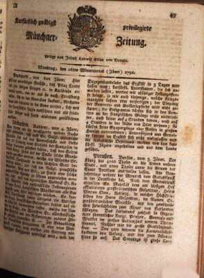 Kurfürstlich gnädigst privilegirte Münchner-Zeitung (Süddeutsche Presse) Montag 16. Januar 1792