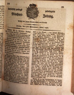 Kurfürstlich gnädigst privilegirte Münchner-Zeitung (Süddeutsche Presse) Freitag 27. Januar 1792
