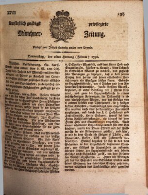 Kurfürstlich gnädigst privilegirte Münchner-Zeitung (Süddeutsche Presse) Donnerstag 16. Februar 1792