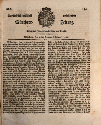 Kurfürstlich gnädigst privilegirte Münchner-Zeitung (Süddeutsche Presse) Dienstag 21. Februar 1792