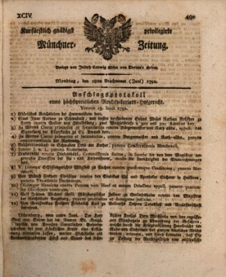 Kurfürstlich gnädigst privilegirte Münchner-Zeitung (Süddeutsche Presse) Montag 18. Juni 1792