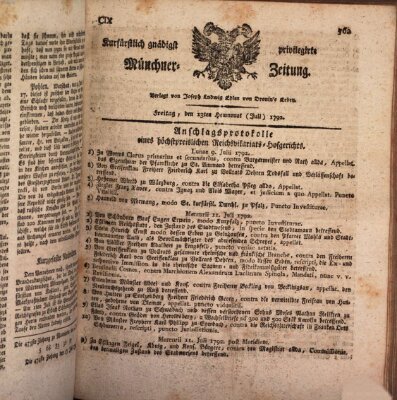 Kurfürstlich gnädigst privilegirte Münchner-Zeitung (Süddeutsche Presse) Freitag 13. Juli 1792