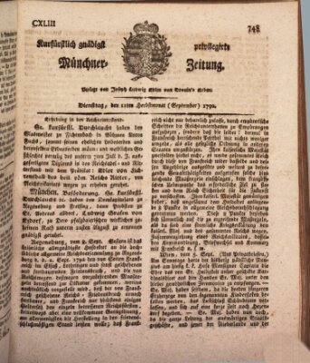 Kurfürstlich gnädigst privilegirte Münchner-Zeitung (Süddeutsche Presse) Dienstag 11. September 1792