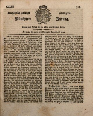 Kurfürstlich gnädigst privilegirte Münchner-Zeitung (Süddeutsche Presse) Freitag 21. September 1792