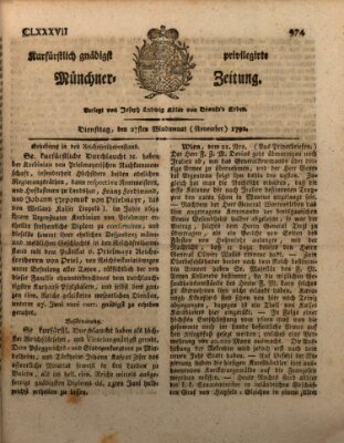 Kurfürstlich gnädigst privilegirte Münchner-Zeitung (Süddeutsche Presse) Dienstag 27. November 1792