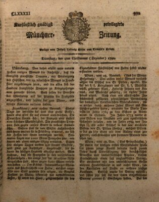 Kurfürstlich gnädigst privilegirte Münchner-Zeitung (Süddeutsche Presse) Dienstag 4. Dezember 1792