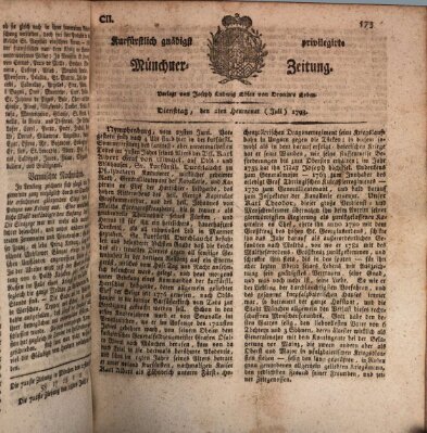 Kurfürstlich gnädigst privilegirte Münchner-Zeitung (Süddeutsche Presse) Dienstag 2. Juli 1793