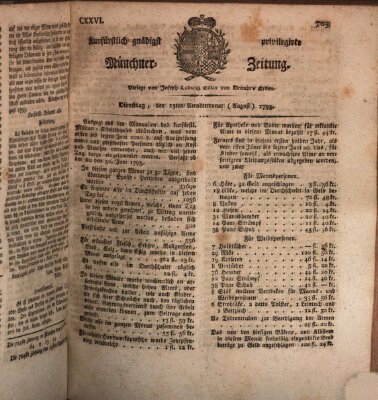 Kurfürstlich gnädigst privilegirte Münchner-Zeitung (Süddeutsche Presse) Dienstag 13. August 1793