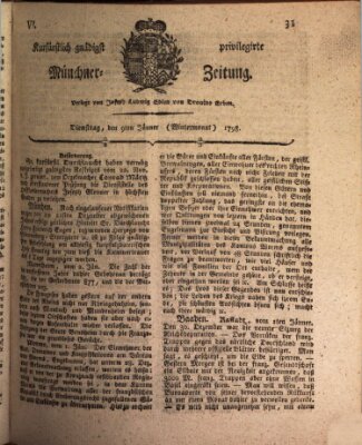 Kurfürstlich gnädigst privilegirte Münchner-Zeitung (Süddeutsche Presse) Dienstag 9. Januar 1798