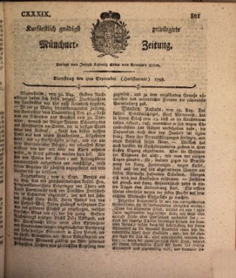 Kurfürstlich gnädigst privilegirte Münchner-Zeitung (Süddeutsche Presse) Dienstag 4. September 1798