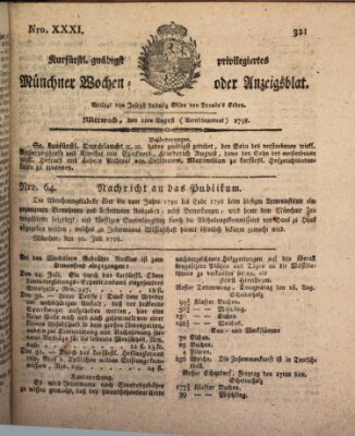 Kurfürstlich gnädigst privilegirte Münchner-Zeitung (Süddeutsche Presse) Mittwoch 1. August 1798
