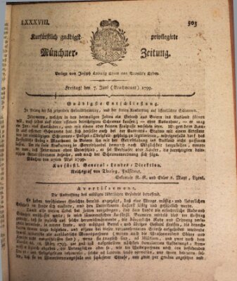 Kurfürstlich gnädigst privilegirte Münchner-Zeitung (Süddeutsche Presse) Freitag 7. Juni 1799