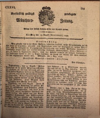 Kurfürstlich gnädigst privilegirte Münchner-Zeitung (Süddeutsche Presse) Dienstag 13. August 1799
