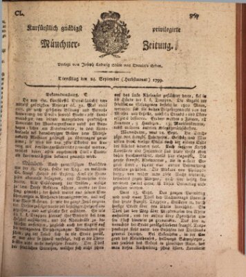 Kurfürstlich gnädigst privilegirte Münchner-Zeitung (Süddeutsche Presse) Dienstag 24. September 1799