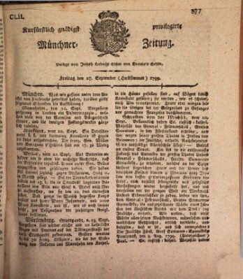 Kurfürstlich gnädigst privilegirte Münchner-Zeitung (Süddeutsche Presse) Freitag 27. September 1799