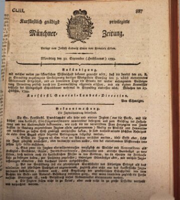 Kurfürstlich gnädigst privilegirte Münchner-Zeitung (Süddeutsche Presse) Montag 30. September 1799