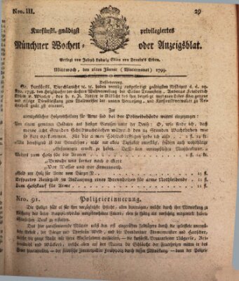 Kurfürstlich gnädigst privilegirte Münchner-Zeitung (Süddeutsche Presse) Mittwoch 16. Januar 1799
