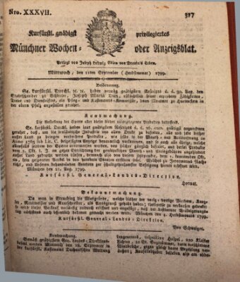 Kurfürstlich gnädigst privilegirte Münchner-Zeitung (Süddeutsche Presse) Mittwoch 11. September 1799